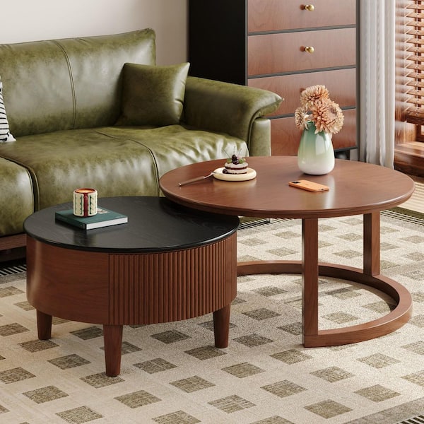 31.50 in. Black/Walnut Round Rubber Wood Coffee Table with Drawer