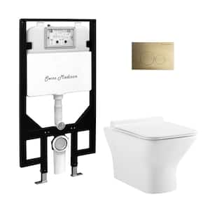 Carre Wall-Hung Toilet, Square, 3-Piece Bundle 0.8/1.6 GPF Dual Flush in Glossy White with Brass Flush Plate