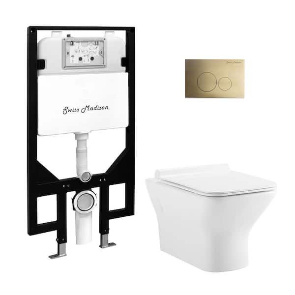 Carre Wall-Hung Toilet, Square, 3-Piece Bundle 0.8/1.6 GPF Dual Flush in Glossy White with Brass Flush Plate