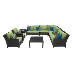 Deco 9-Piece Wicker Patio Conversation Sectional Seating Set with Sunbrella Ginkgo Green Cushions