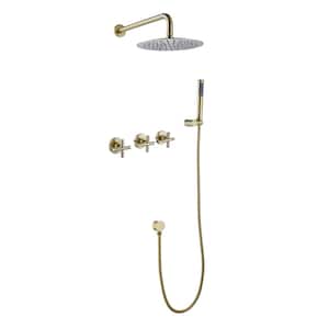 3-Handle 2-Spray 3.2 GPM 10 in. Wall Mount Dual Shower Head Fixed and Handheld Shower Head in Brushed Gold