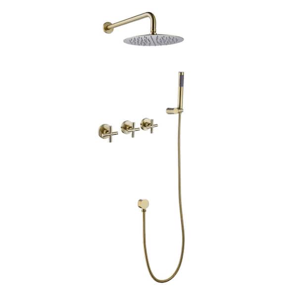 YONKI SUNSHIN INC 3-Handle 2-Spray 3.2 GPM 10 in. Wall Mount Dual Shower Head Fixed and Handheld Shower Head in Brushed Gold