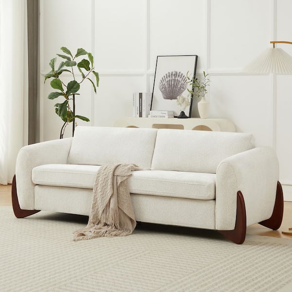Singh 89 in. Round Arm Chenille Upholstered Rectangle 3-Seater Sofa in Beige with Solid Wood Legs