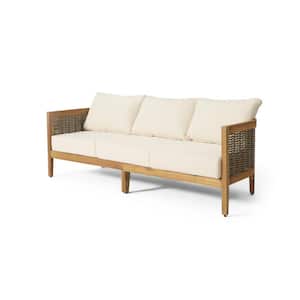 Rattler Teak and Mixed Brown Wood and Wicker Outdoor Patio Couch with Beige Cushions