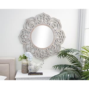 32 in. x 32 in. Carved Round Framed White Floral Wall Mirror with Cutout Design