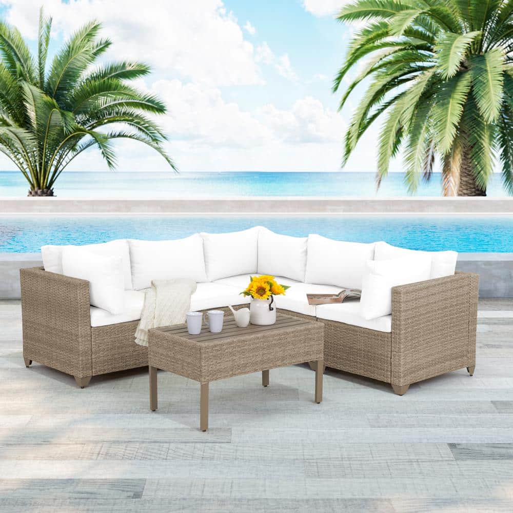 Maui 6-Piece Wicker Patio Conversation Set with Linen White Cushions