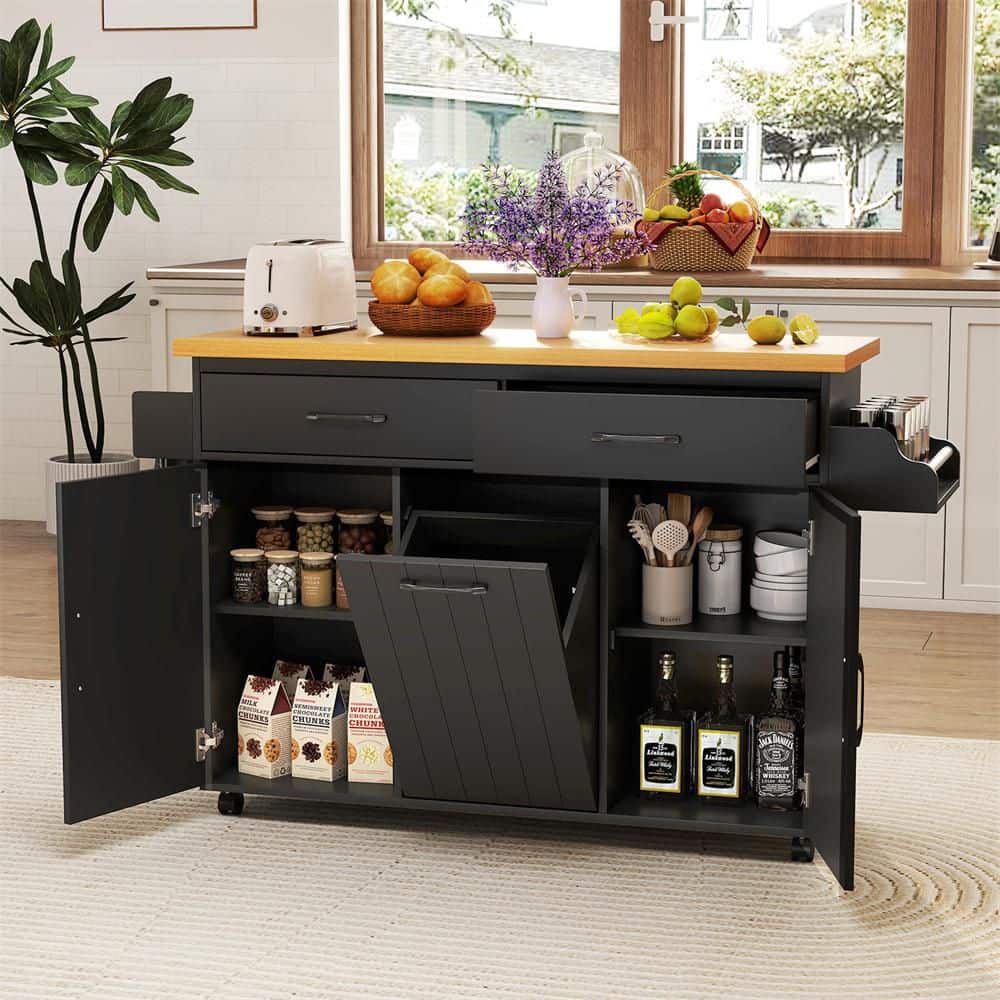 Costway Black Wood 58 in. Rolling Kitchen Island Kitchen Cart with