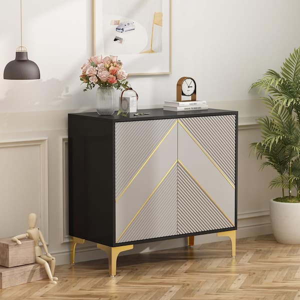 FUFU&GAGA 31.5 in. Width Gray and Black Rectangle Wooden End Table Sideboard with Golden Decro with Doors and 2-Adjustable Shelves