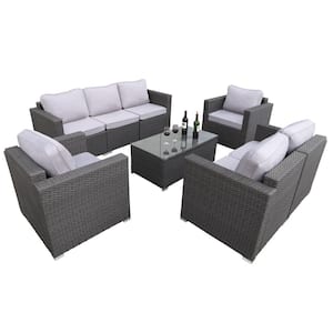 8-Piece Gray Wicker Patio Conversation Set with Light Gray Cushions