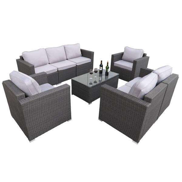 maocao hoom 8-Piece Gray Wicker Patio Conversation Set with Light Gray Cushions