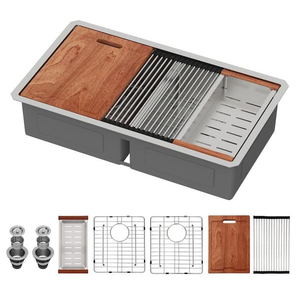 36 in. Undermount Workstation Sink with Low Divide Double Bowl 50/50 Brushed 16-Gauge Stainless Steel Kitchen Sink