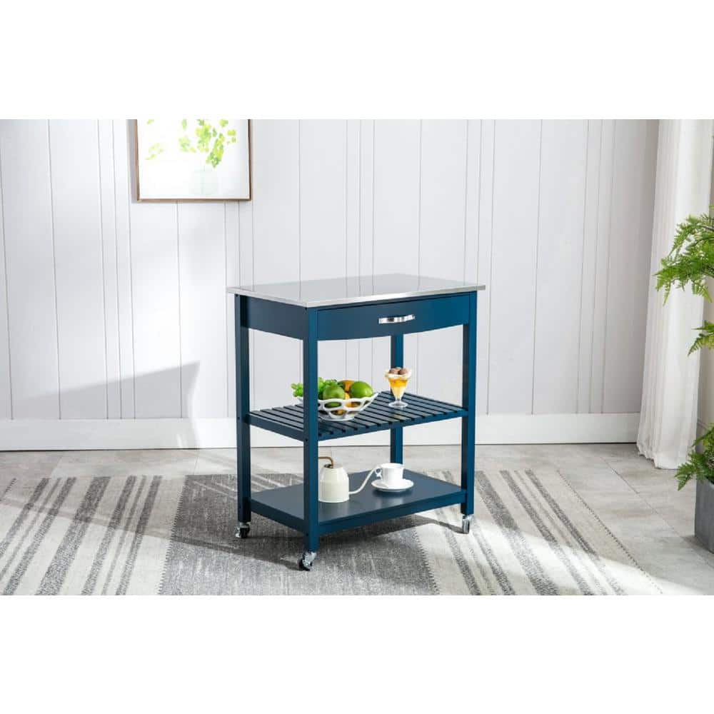 Navy Blue Stainless Steel Top Kitchen Cart with Storage