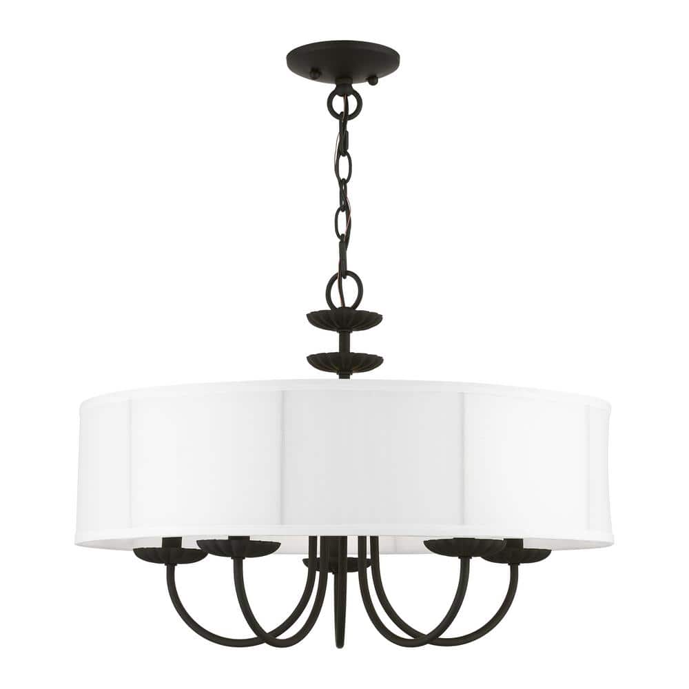 Brookdale Black Steel 5-Light Drum Pendant with Off-White Shade