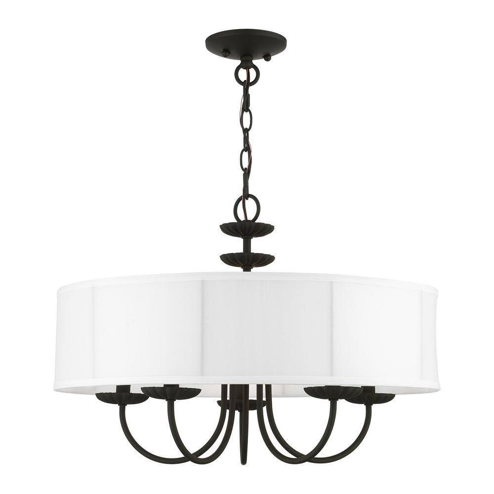 Brookdale Black Steel 5-Light Drum Pendant with Off-White Shade