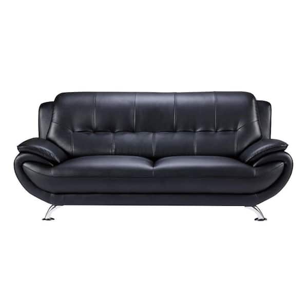 Benjara 82 in. Slope Arm Faux Leatherette Upholstered Wooden Rectangle Sofa with Bustle Back and Stainless Steel Legs Black