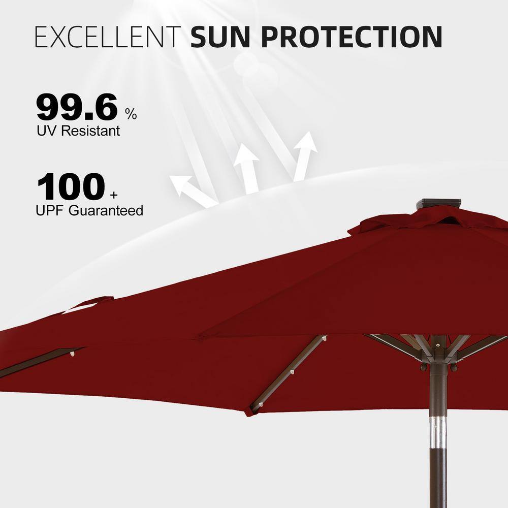 Burgundy 9 ft. Solar LED Market Patio Umbrella with Crank and Tilt