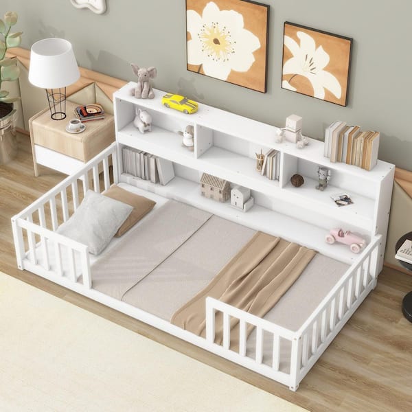 White Wood Frame Twin Size Platform Bed with Bedside Bookcase and Guardrails