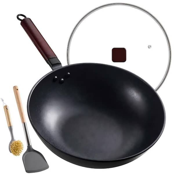 13 in. Wok Pan with Lid Spatula and Dish Brush, Pre-Seasoned Flat Bottom Chinese Woks for for All Stoves, Clear