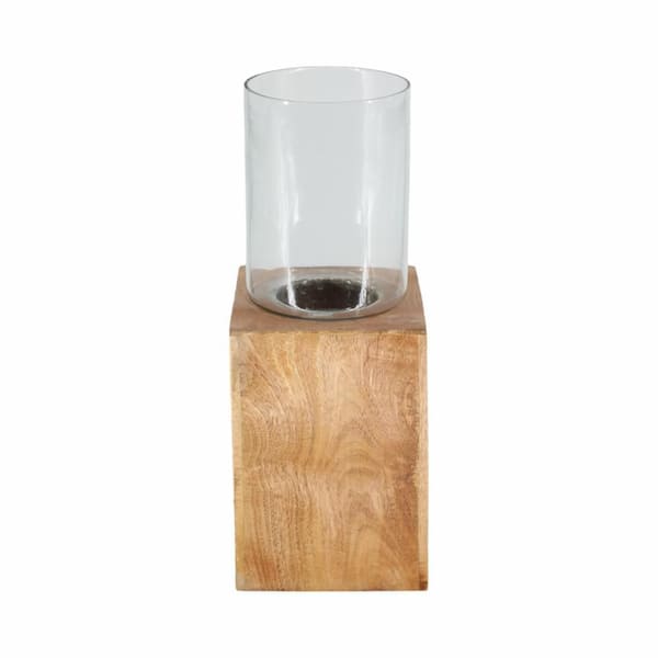Liv & Skye 15 in. Brown Mango Wood and Glass Pillar Candle Holder with Clear Hurricane Shade and Square Base