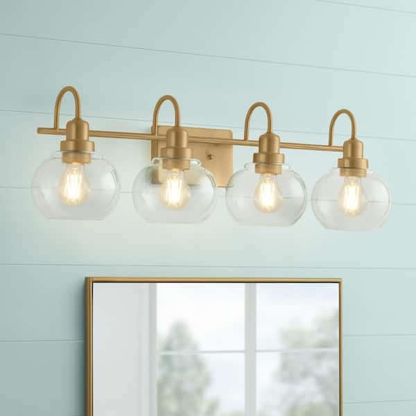 Home Decorators Collection Halyn 31-3/8 in. 4-Light Vintage Brass Industrial Bathroom Vanity Light with Clear Glass Shades