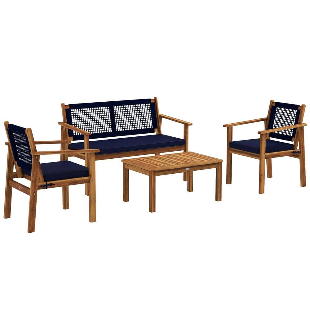 Natural Wood Frame 4-Piece Acacia Wood, Outdoor Sectional Sofa with Cushion