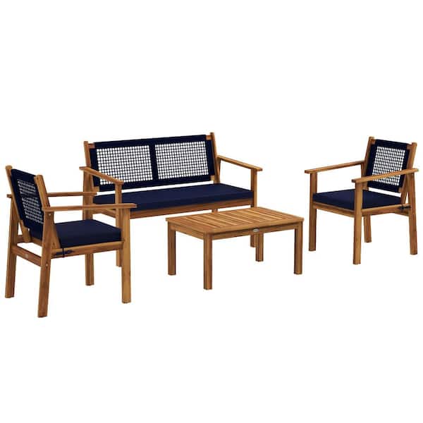 Natural Wood Frame 4-Piece Acacia Wood, Outdoor Sectional Sofa with Cushion Guard, Dark Blue Cushions