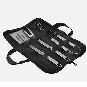 3-Piece Stainless Steel BBQ Grill Utensil Grilling Set, Spatula, Fork and Tongs with Cloth Bag