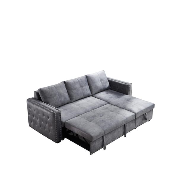 Morden Fort Reversible 90.5in. Gray Velvet Sleeper Sectional Sofa L-Shape 3 Seat Sectional Couch with Storage