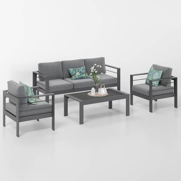 Grey 4-Piece Aluminum Patio Conversation Set with Dark Grey Cushions