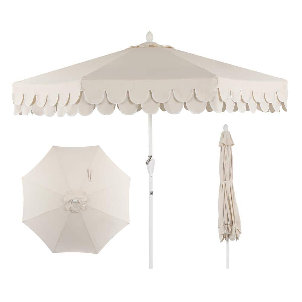 JONATHAN Y Tracy 9 ft. Scalloped Fringe Market Patio Umbrella with Auto-Tilt, Crank, Wind Vent and UV Protection in Cream/White