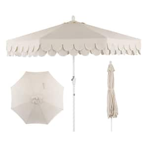 Tracy 9 ft. Scalloped Fringe Market Patio Umbrella with Auto-Tilt, Crank, Wind Vent and UV Protection in Cream/White