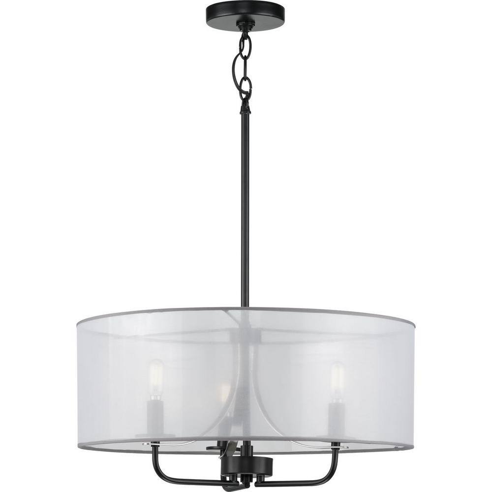 Matte Black Glass Drum Pendant Light with Organza Shade