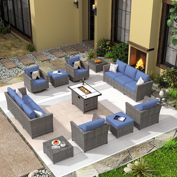 XIZZI Vesta Gray 16-Piece Wicker Outerdoor Patio Rectangular Fire Pit Set with Denim Blue Cushions and Swivel Rocking Chairs