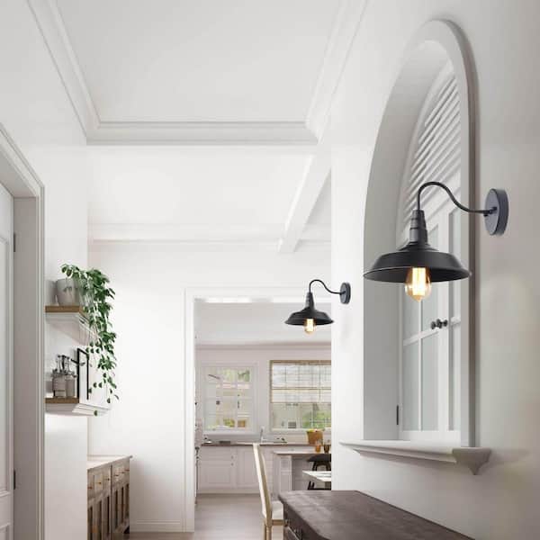 Rustic Farmhouse 1-Light Black Wall Sconce with Classic Barn Shade Industrial Barn Wall Light, LED Compatible (2-Pack)