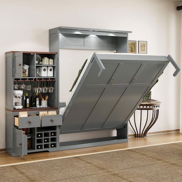 Gray Wood Frame Queen Size Murphy Bed with Cabinet, Shelves, 2 Drawers, Wine Rack, Glass Holder and LED