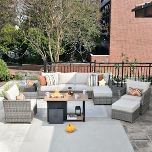 Eufaula Gray 10-Piece Wicker Outdoor Patio Conversation Sofa Set with a Storage Fire Pit and Coarse Beige Cushions