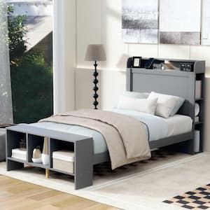 Gray Wood Frame Twin Size Platform Bed with Storage Headboard and Footboard, Shelves, LED Light, USB Ports