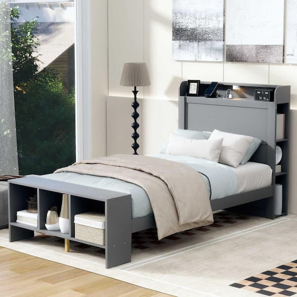 Harper & Bright Designs Gray Wood Frame Twin Size Platform Bed with Storage Headboard and Footboard, Shelves, LED Light, USB Ports