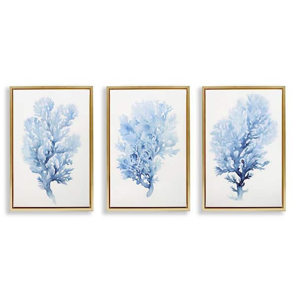 Indigo Coral Watercolors by Petal Prints Design 3 Pieces Gold Floater Frame Coastal Graphic Art Print 25 in. x 17 in.