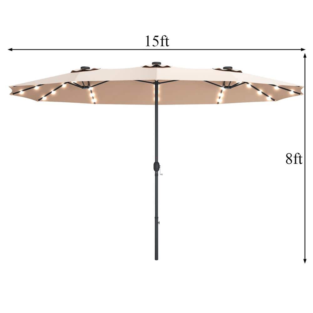 15' Beige Double-Sided Patio Umbrella with Solar LED Lights