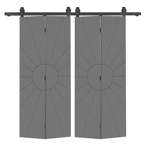 Sun 48 in. x 84 in. Light Gray Painted MDF Composite Bi-Fold Hollow Core Double Barn Door with Sliding Hardware Kit