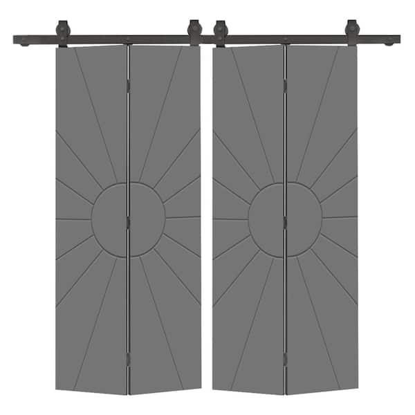 CALHOME Sun 64 in. x 80 in. Hollow Core Light Gray Painted MDF Composite Bi-Fold Double Barn Door with Sliding Hardware Kit