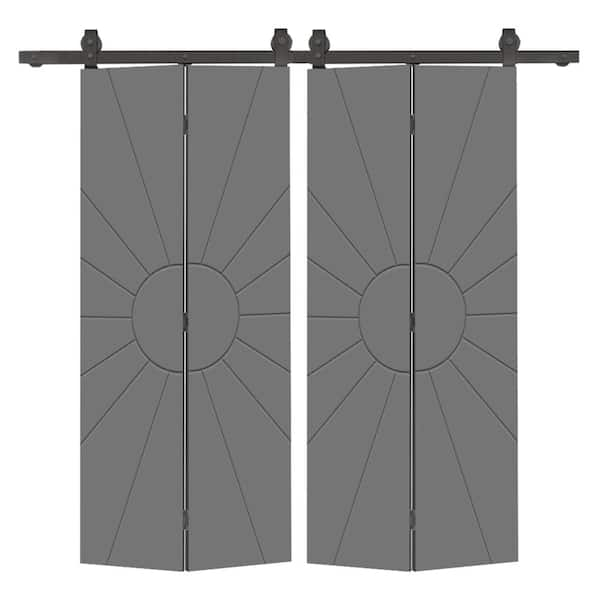 CALHOME Sun 68 in. x 80 in. Hollow Core Light Gray Painted MDF Composite Bi-Fold Double Barn Door with Sliding Hardware Kit