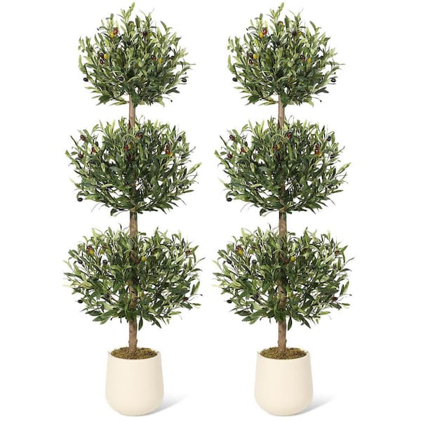 2-Pieces 5 ft. Artificial Olive Tree, Tall Fake Olive Tree with Planter, 3-Tier Spherical Design Faux Olive Tree
