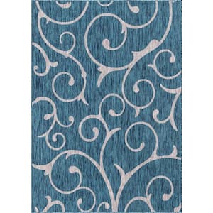 Outdoor Curl Teal Blue 7 ft. x 10 ft. Area Rug