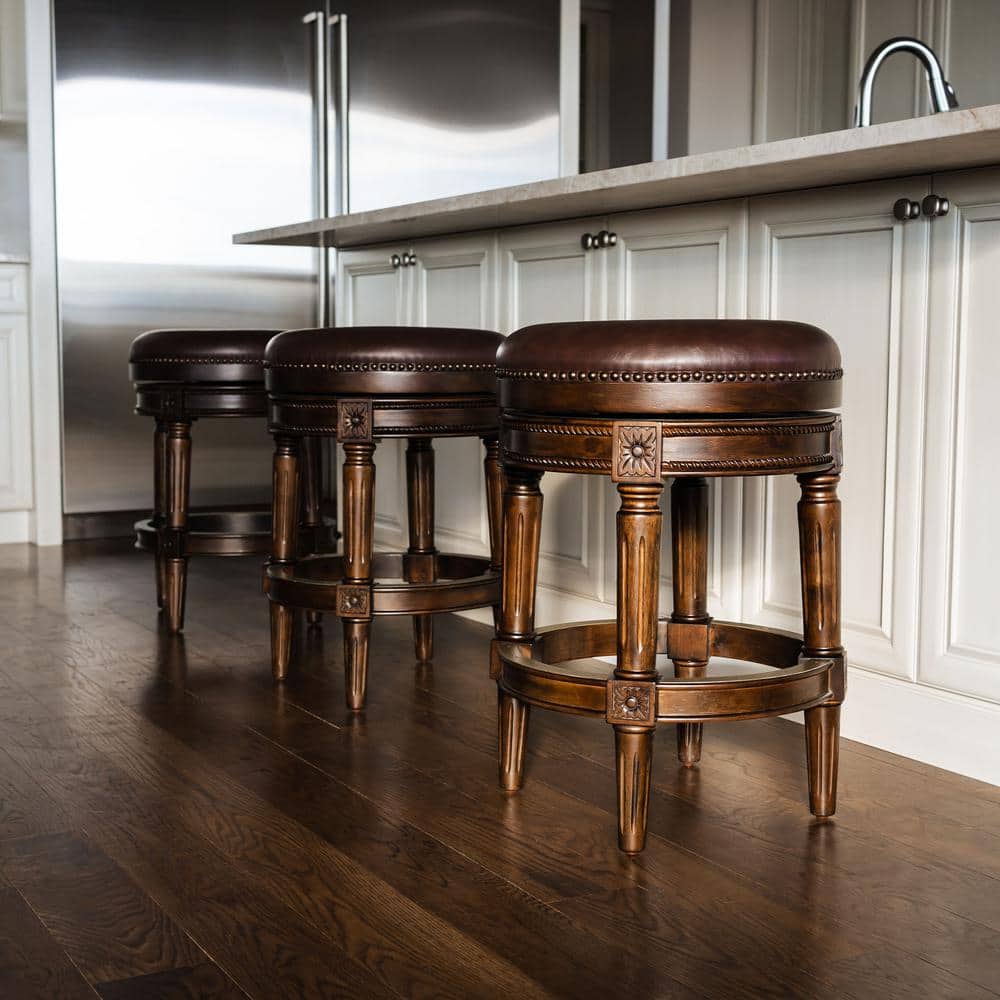 Dark Walnut Backless Swivel Counter Stool with Leather Seat