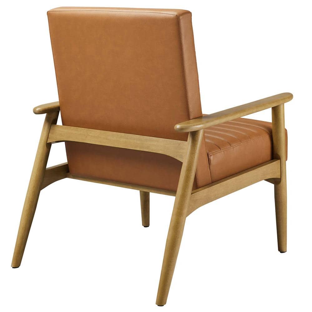 French Oak Tan Faux Leather Barrel Accent Chair with Wood Frame
