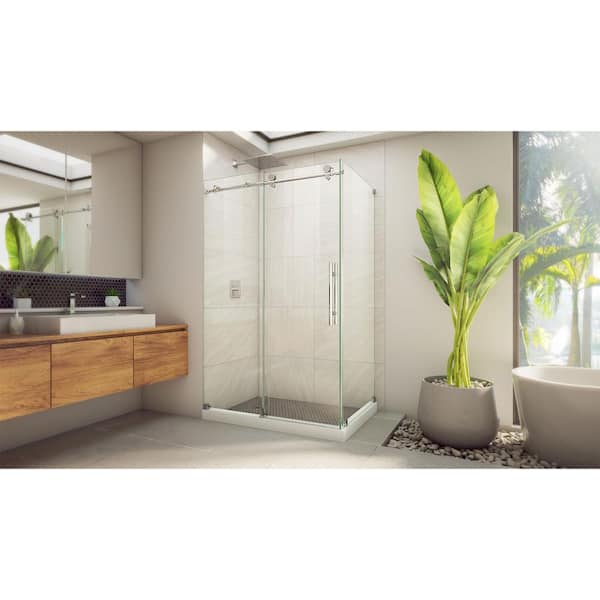 Enigma-X 32-1/2 in. D x 48-3/8 in. W x 76 in. H Frameless Clear Sliding Shower Enclosure in Polished Stainless Steel