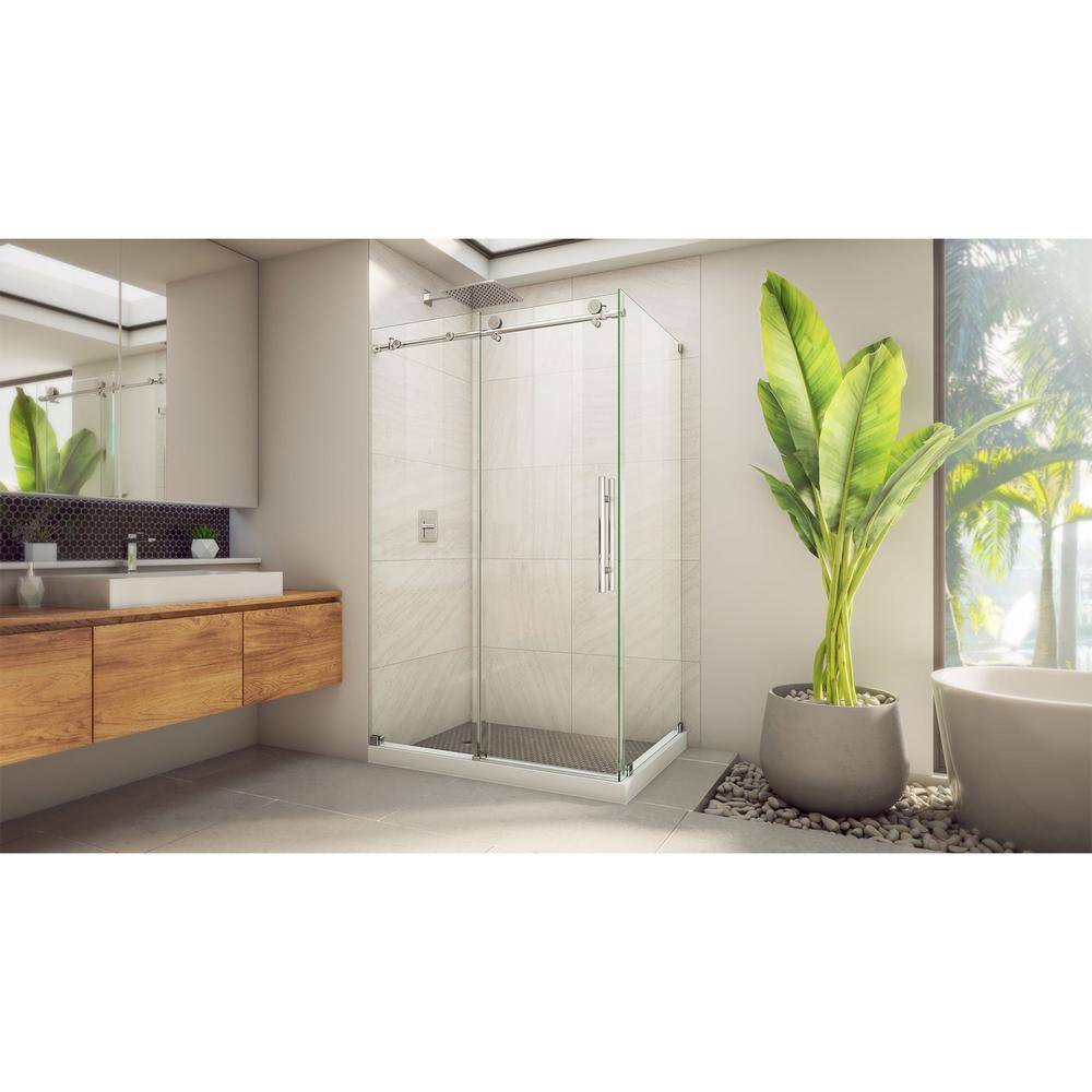 76" Frameless Clear Glass Sliding Shower Enclosure with Polished Stainless Steel Frame