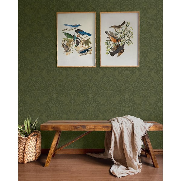 Moss Green Tonal Bird Garden Vinyl Peel and Stick Wallpaper Roll (Covers 31.35 sq. ft.)